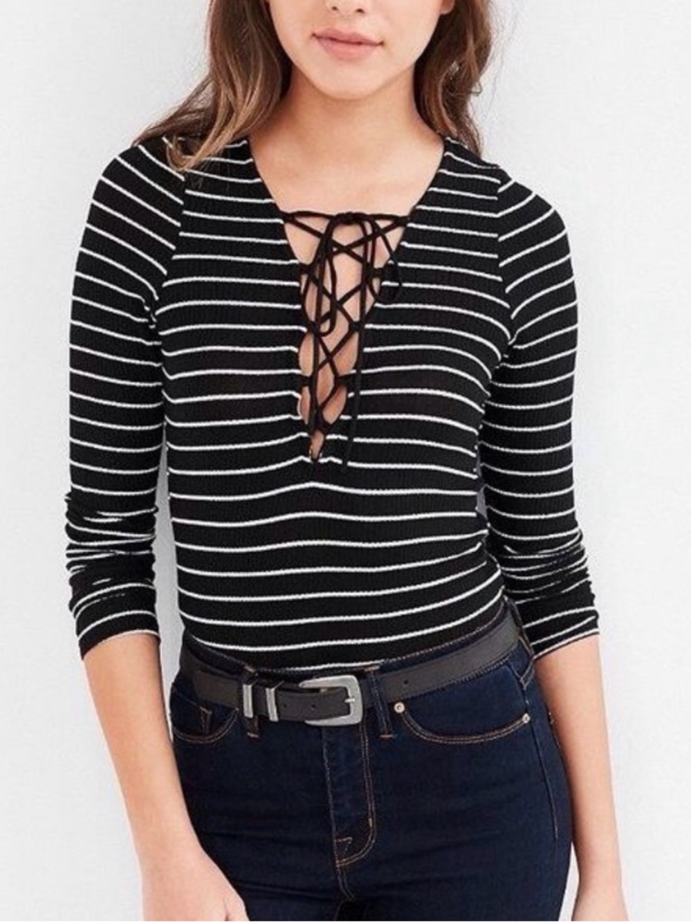 Urban Outfitters Project Social T Black & White Striped Lace-Up Long Sleeve Tee